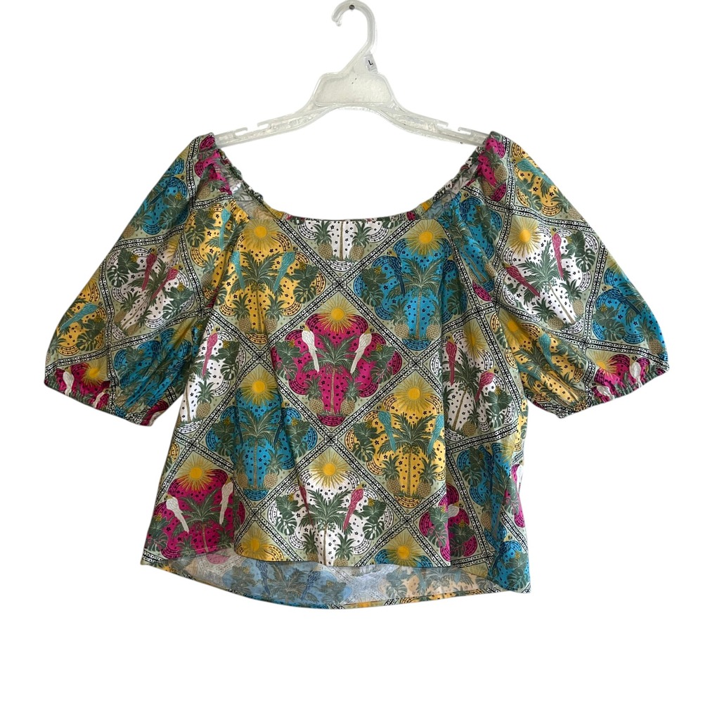 LOFT Womens Tropical Tile Print Square Neck Puff Sleeve Blouse Parrots Multi S